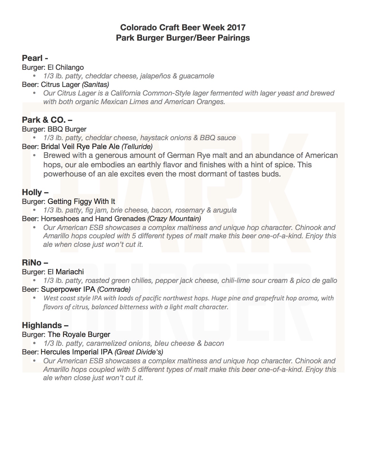 Park Burger – Beer and Burger Parings
